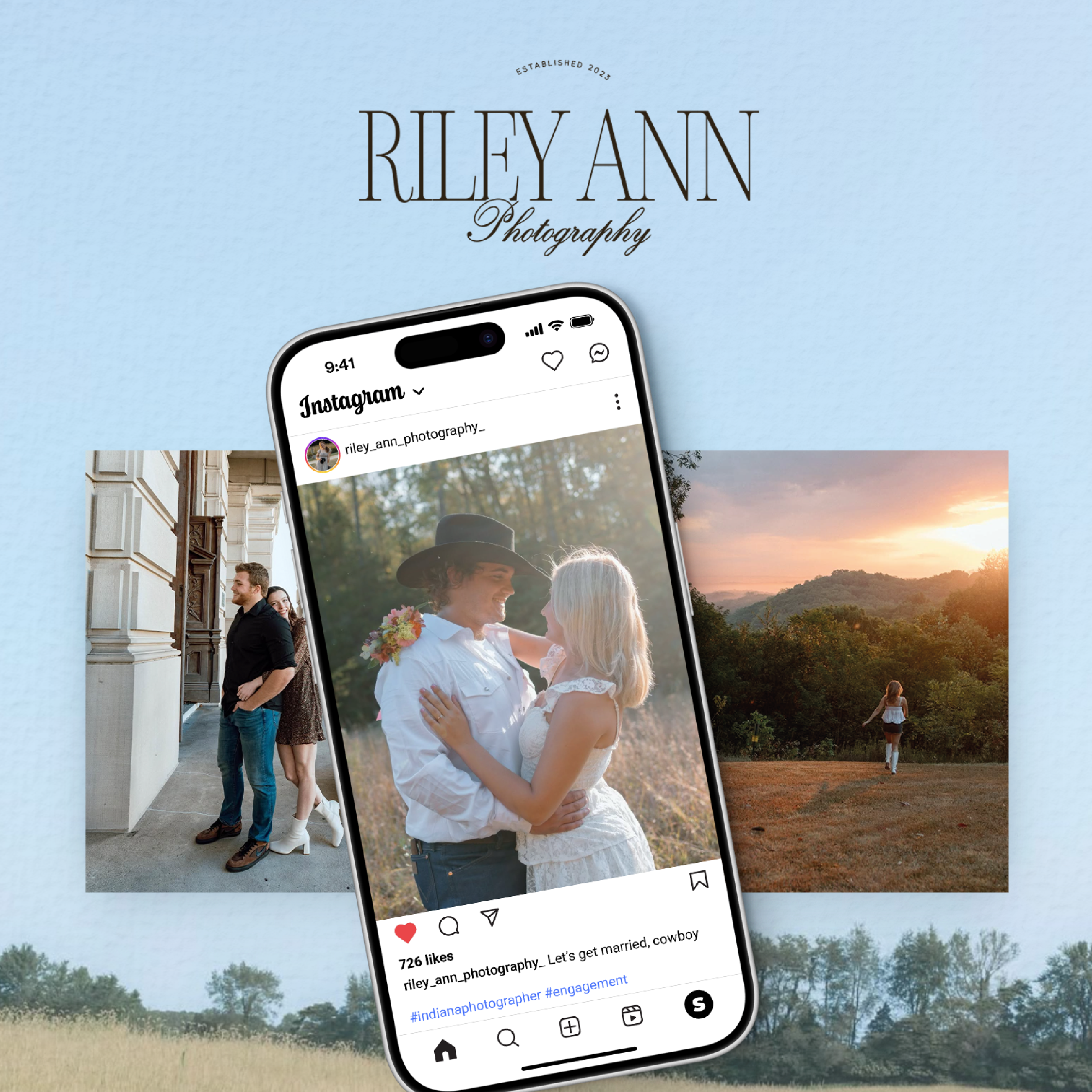 Instagram feed mockup showcasing Riley Ann photography couples and lifestyle images
