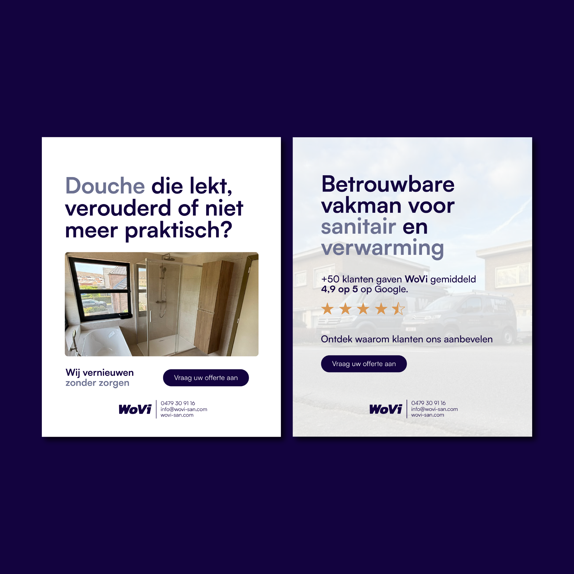 two promotional posters for Wovi bathroom renovation and heating services on a dark background