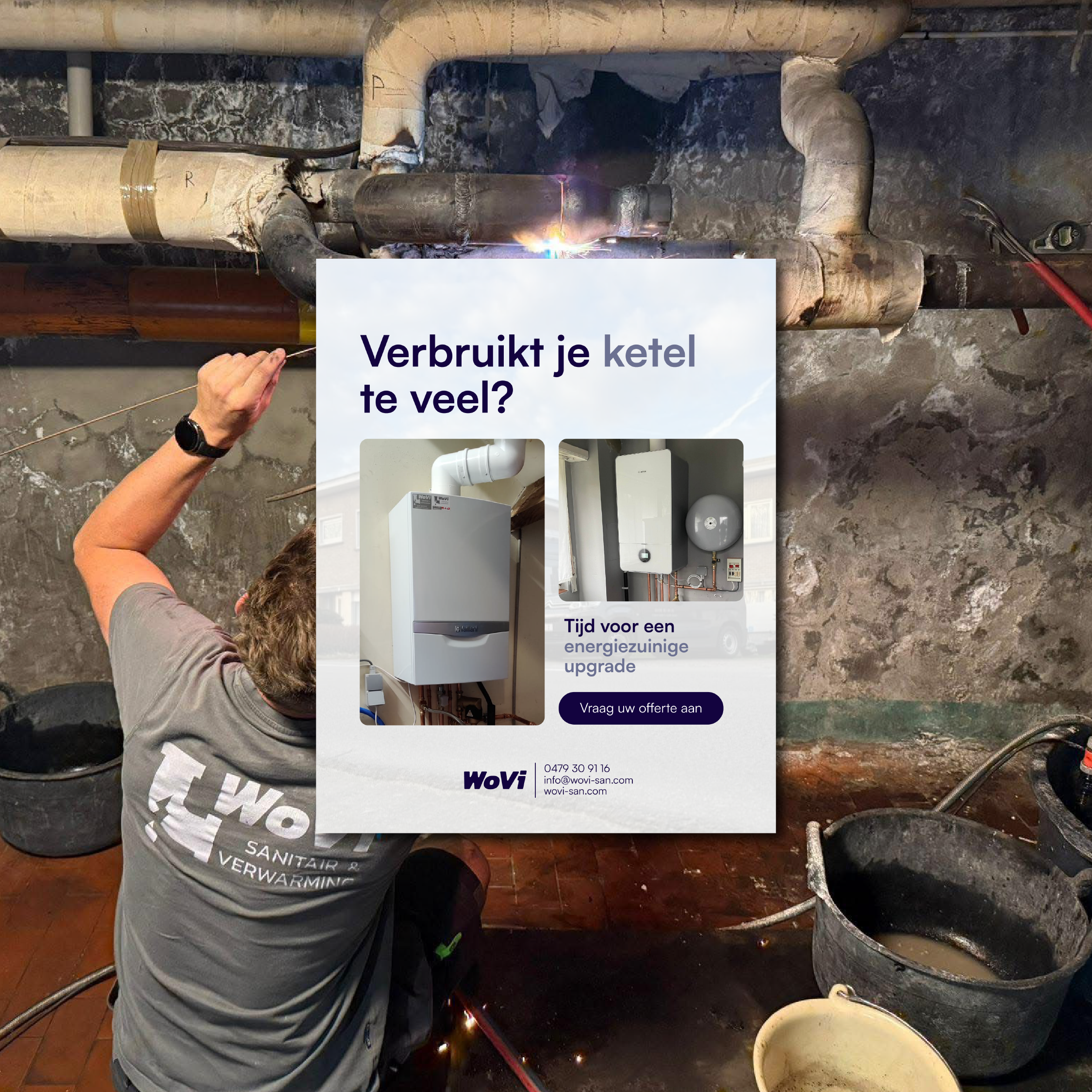 technician working on heating pipes with a boiler efficiency upgrade advertisement overlay for Wovi