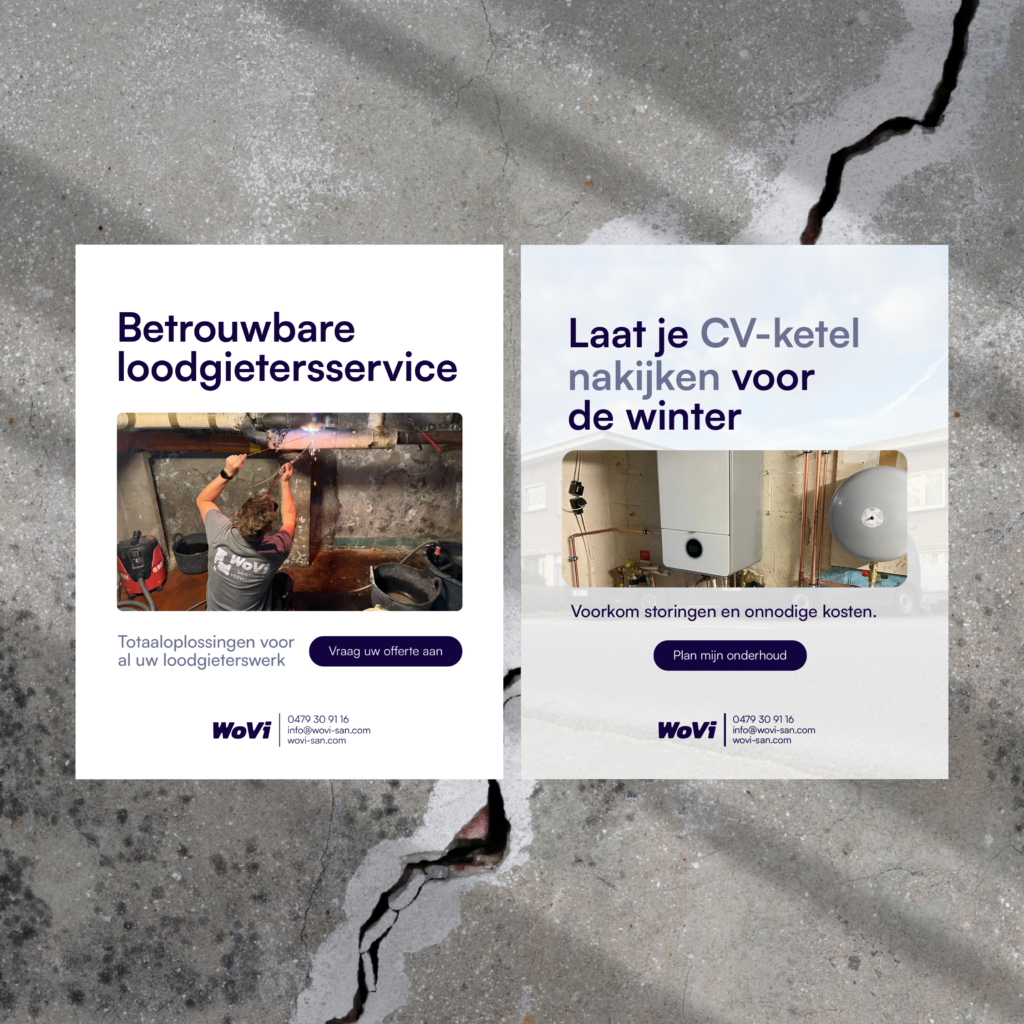 two promotional posters for Wovi plumbing and heating services displayed on a cracked concrete background